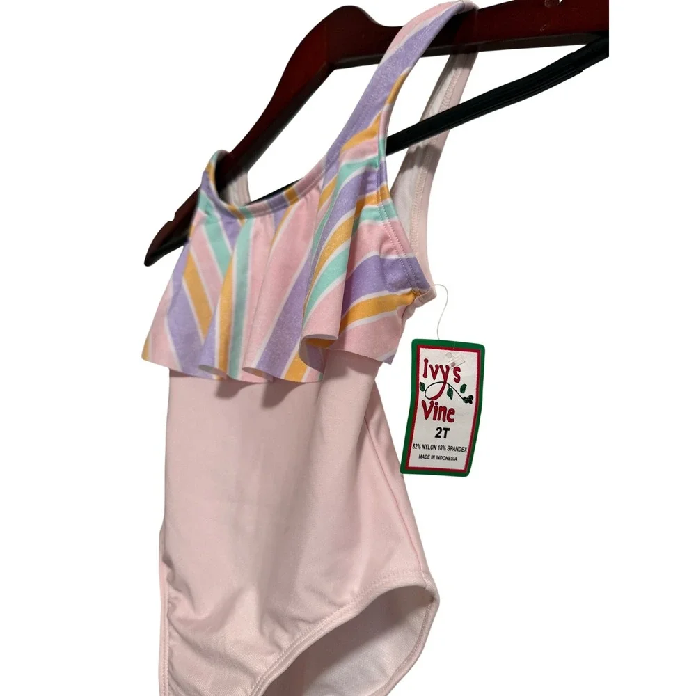 Ivy's Vine Toddler Girls 2T One Piece Swimsuit Pink‎ Pastel Striped Ruffle NWT - Picture 2 of 5